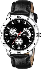 Silver Dial Chronograph Watch with PU Strap for Men, Black