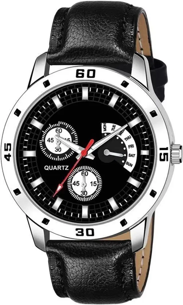Silver Dial Chronograph Watch with PU Strap for Men, Black