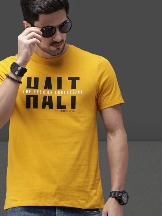 Round Neck Printed T-Shirt for Men (Mustard, L)