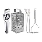 Oc9 Stainless Steel Lemon Squeezer & 4 in 1 Grater Or Slicer & Utility Pakkad & Potato Masher Kitchen Tool Set 