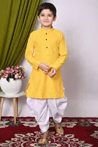 Rayon Cotton Embellished Kurta with Dhoti for Boys, Yellow & White 