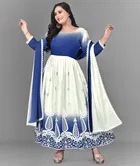 Jute Silk Ethnic Motif Gown with Dupatta for Women (Blue & White, M)