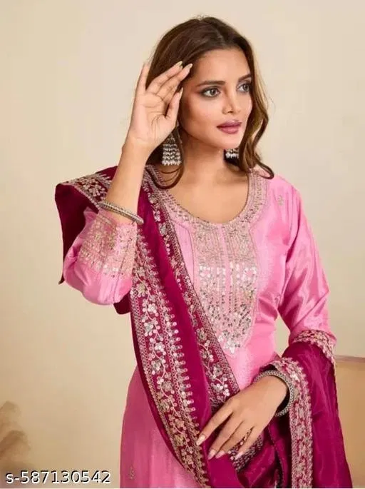 Cotton Silk Kurti With Bottomwear for Women (Pink, S)