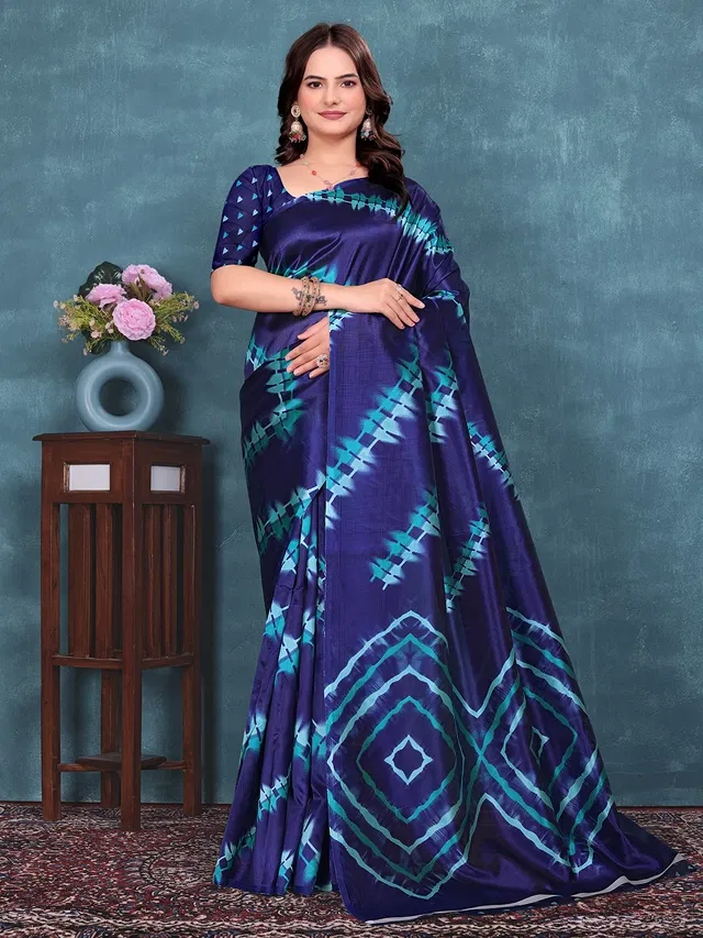 Mysore Silk Printed Saree for Women (Navy Blue, 6.3 m)
