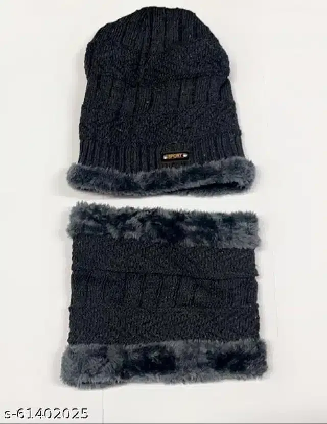 Woolen Beanie Cap with Neck Scarf for Men (Multicolor, Set of 2)