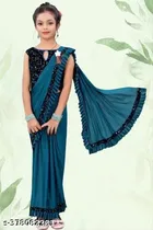 Poly Silk Solid Saree with Blouse for Girls (Teal, 3-4 Years)