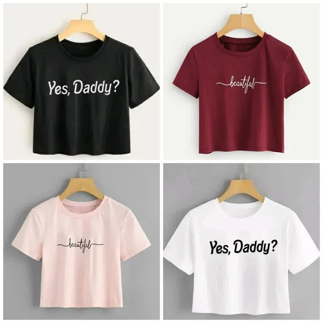 Round Neck Printed Crop T-Shirt for Women (Multicolor, S) (Pack of 4)