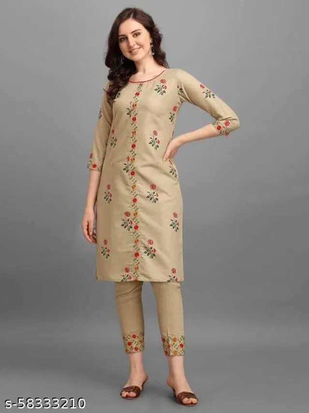 Khadi Cotton Embroidered Kurta with Pant for Women (Beige, XXL)