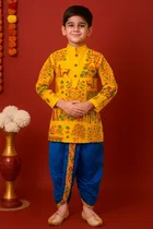 Dupion Silk Printed Kurta with Dhoti for Boys, Yellow & Blue 