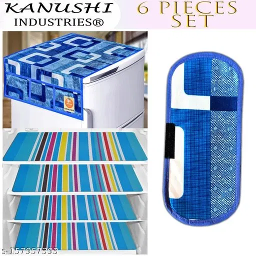 KANUSHI Industries® 1Pc Fridge Cover for Top with 6 Utility Pockets + 1 Handles Covers + 4 Fridge Mats (FRI-BLUE-BOX-TOP+1-HANDLE+M-1-04)