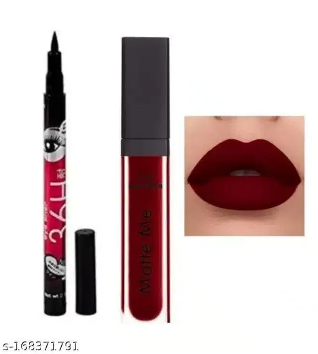 Combo of Eyeliner with Matte Me Waterproof Liquid Lipstick (Maroon & Black, Set of 2)