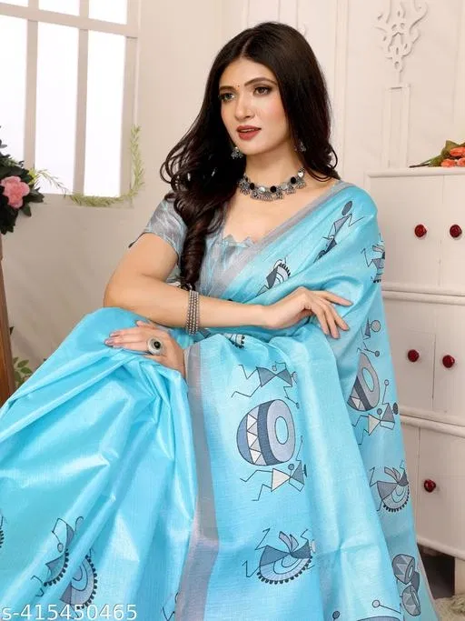 Art Silk Printed Saree for Women, Sky Blue (6.3 m)