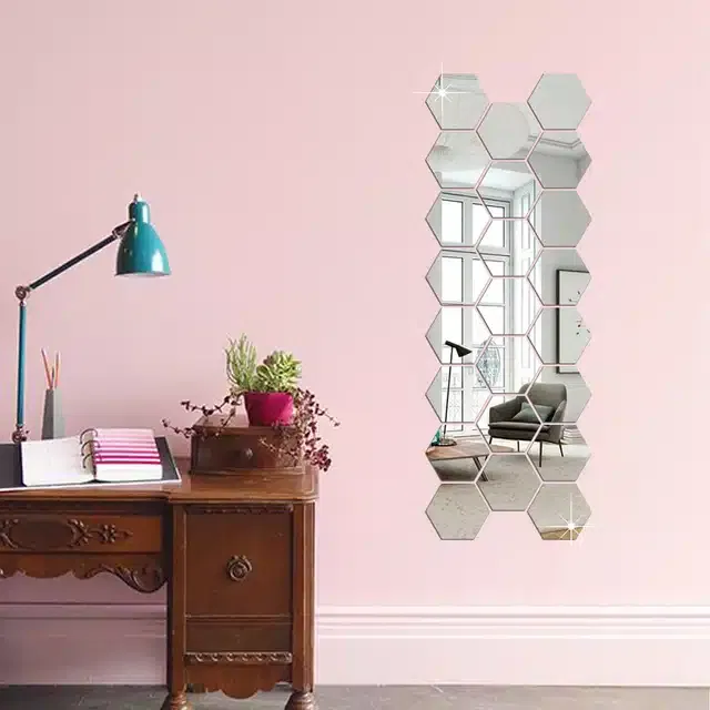 Acrylic Hexagon Shaped Wall Mirror Stickers (Silver, Pack of 23)