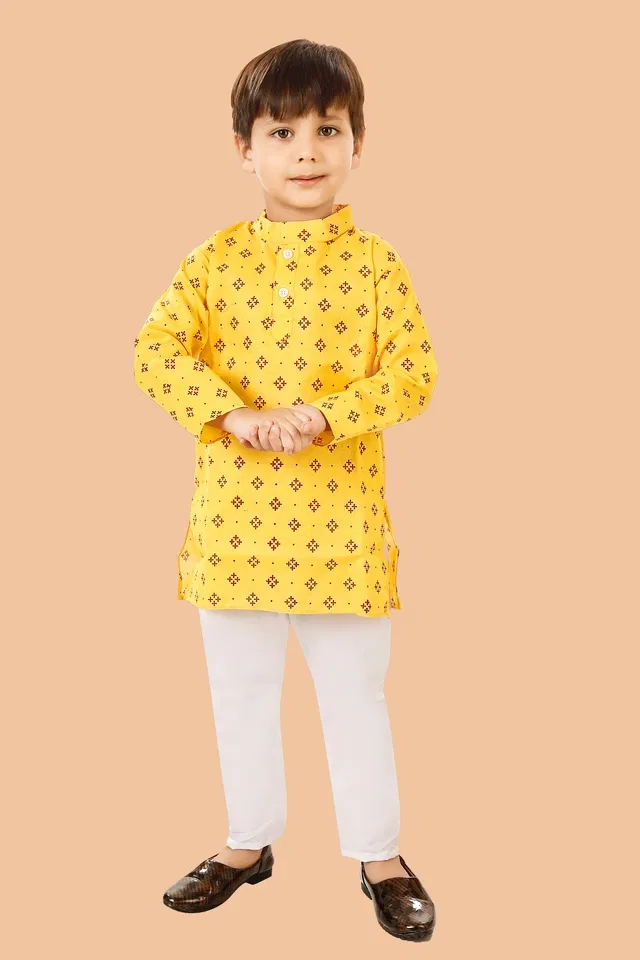 Cotton Blend Printed Kurta with Payjama for Boys, Yellow & White (15-16 Years)