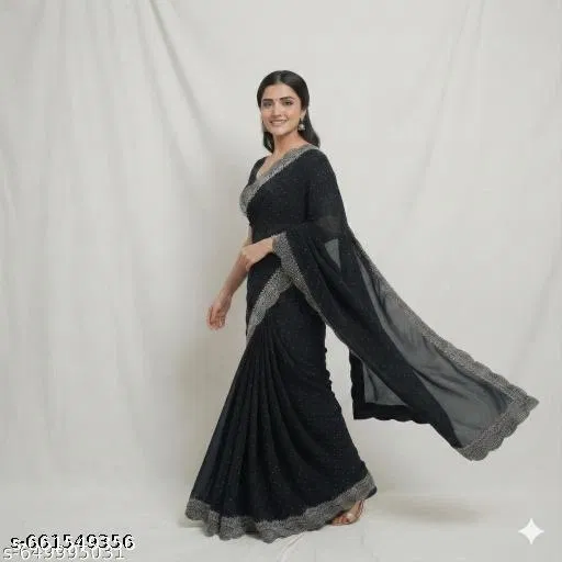 Georgette Printed Saree For Women, Black