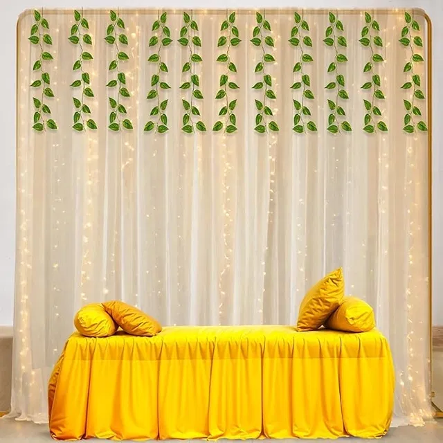 Net Backdrop for Decoration with Warm Yellow Led Light (9m), Artificial Green Leaves -8 Pcs (Pack of 1)
