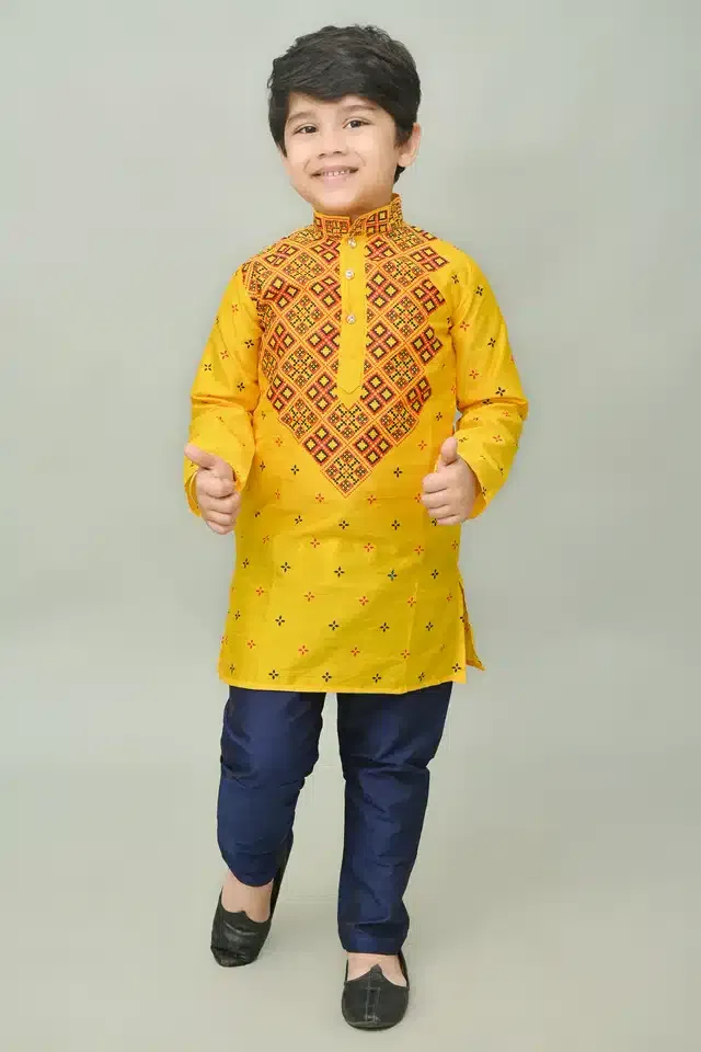Printed Dupion Silk Kurta and Pajama Set for Boys (Yellow, 6-7 years)