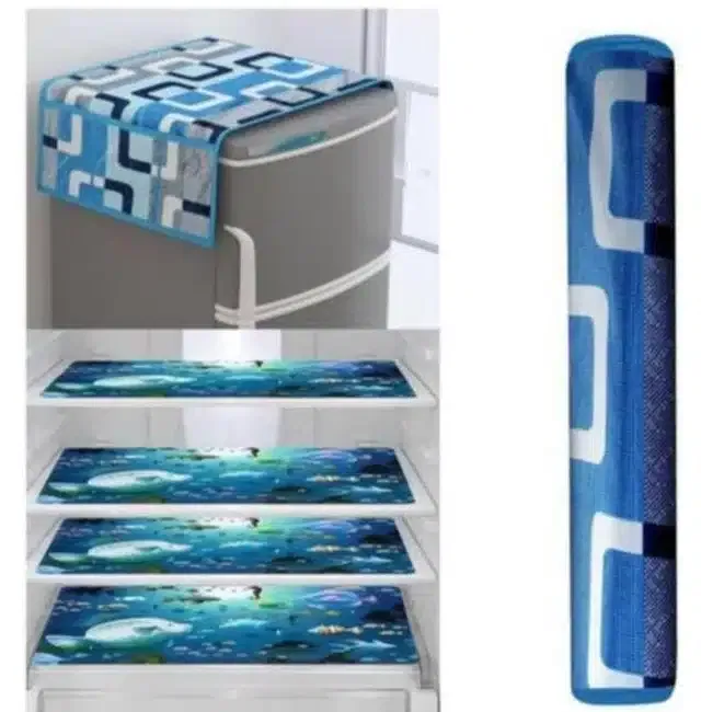 Knit Printed Fridge 4 Pcs Mat with Handle & Top Cover (Multicolor, Set of 1)