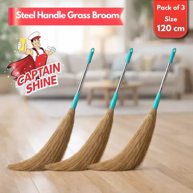 Captain Shine Grass Broom with Steel Handle, 3x360g [Net], 120cm (Pack of 3)