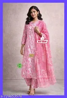 Cotton Silk Printed Kurta With Paint & Dupatta Set for Women, Peach 