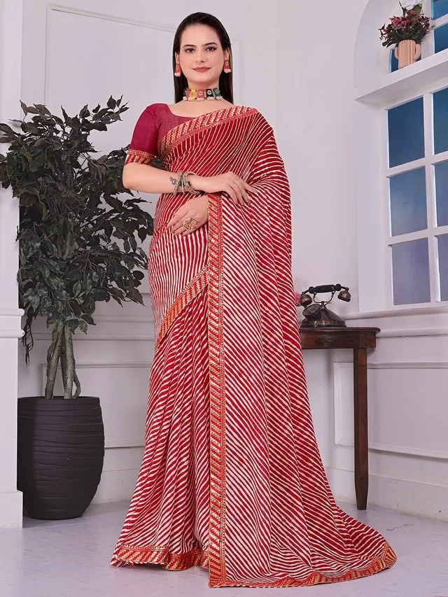 Georgette Printed Saree for Women (Red, 6.3 m)