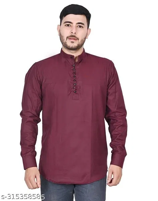 Cotton Blend Solid Short Kurta for Men, Maroon (L)