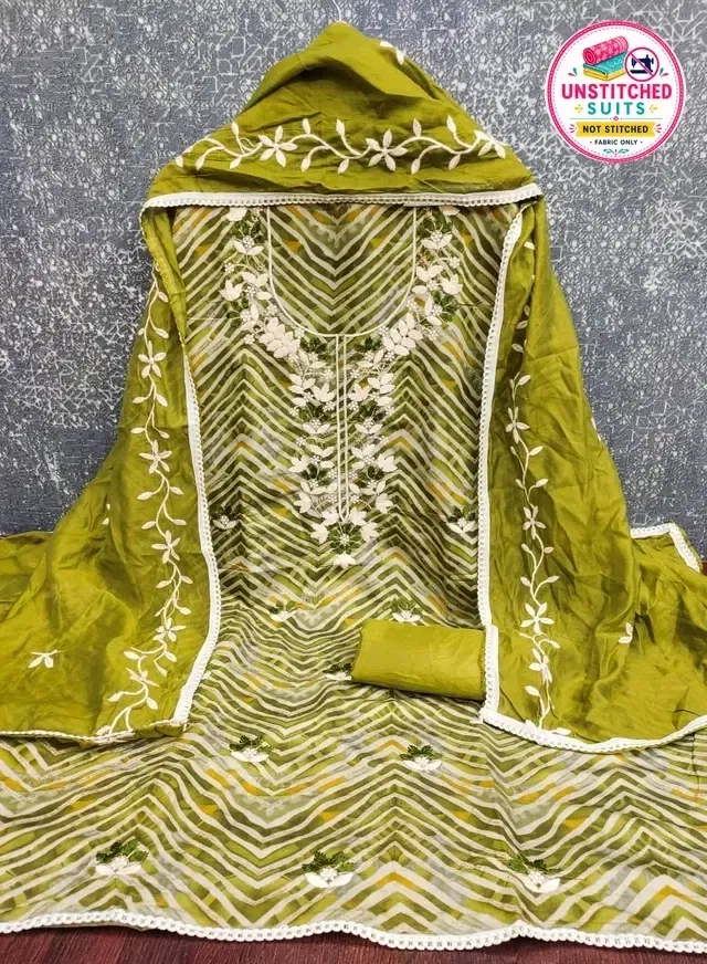 Chanderi Cotton Embroidered Unstitched Suit Fabric, Green