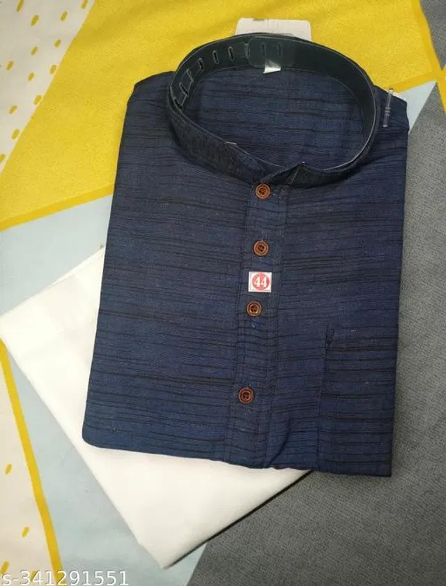 Khadi Cotton Solid Kurta with Pyjama for Men (Navy Blue & White, XL)