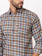 Cotton Blend Checkered Shirt for Men, Brown 