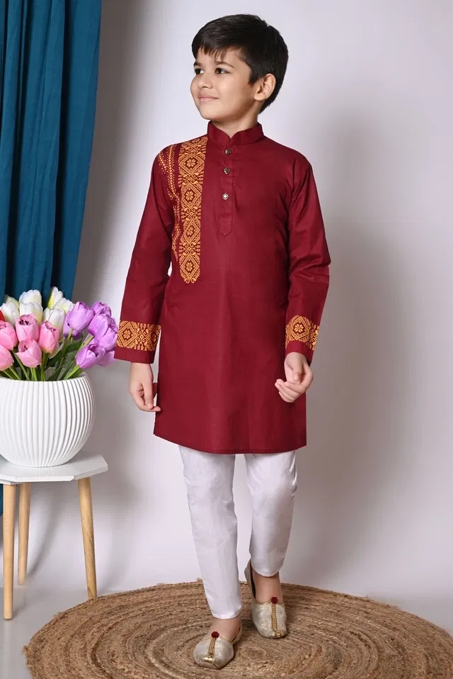 Cotton Printed Kurta with Payjama for Boys, Maroon & White (6-12 Months)