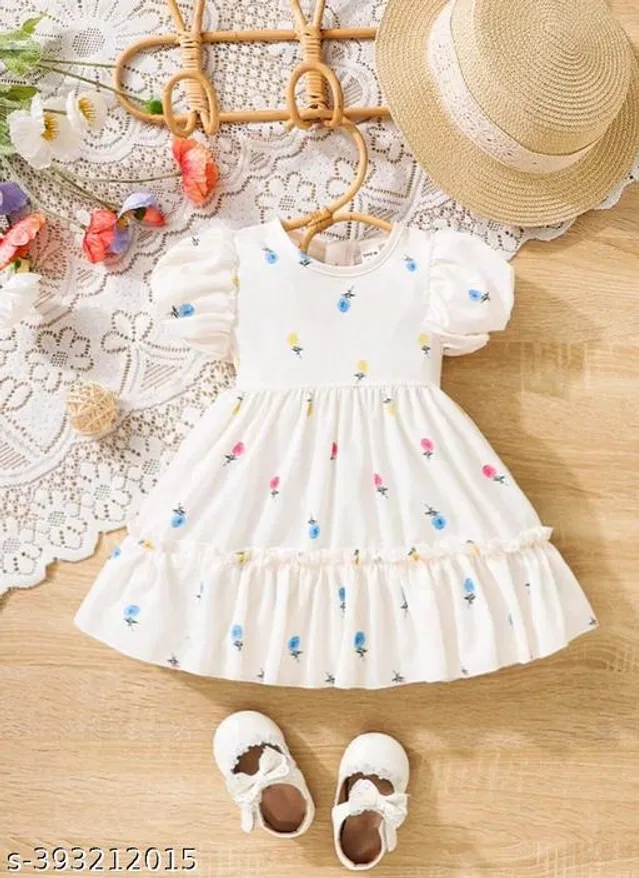 Cotton Blend Frock for Girls (White, 3-4 Years)