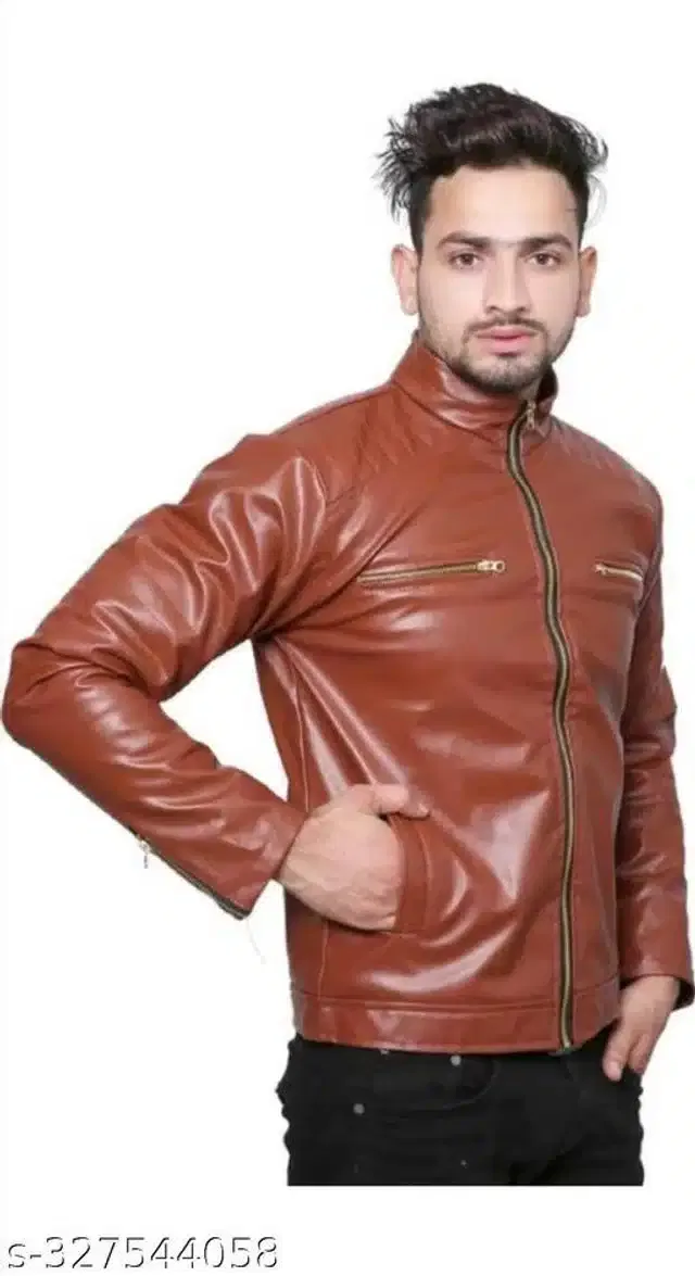 Synthetic Leather Full Sleeves Solid Jacket for Men (Brown, XXL)
