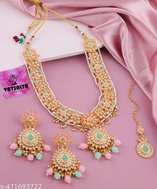 Traditional Kundan Pearl Long Bridal Neckkace Set for Women (Multicolor, Free Size)