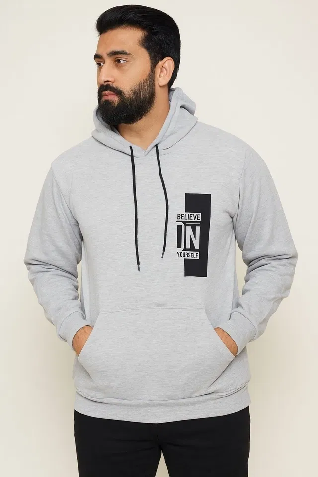 Full Sleeve Believe Printed Fleece Hoodie for Men (Grey, M)
