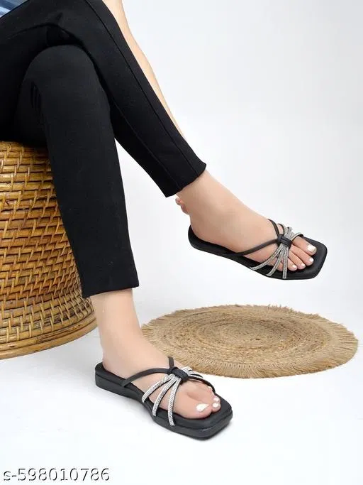 Shoetopia Embellished Flat Sandals - Black (IND-6)