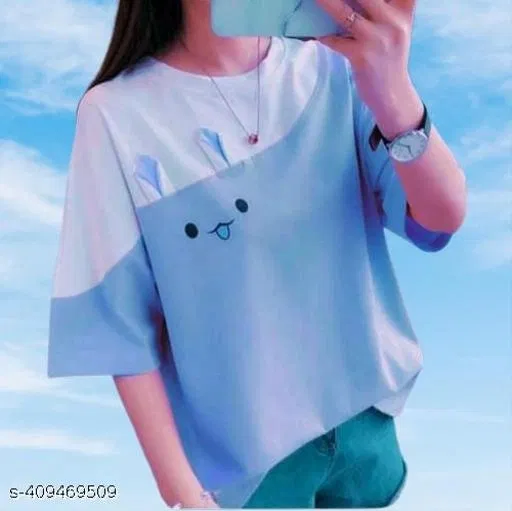 Cotton Blend Printed T-Shirt for Women, Sky Blue (M)