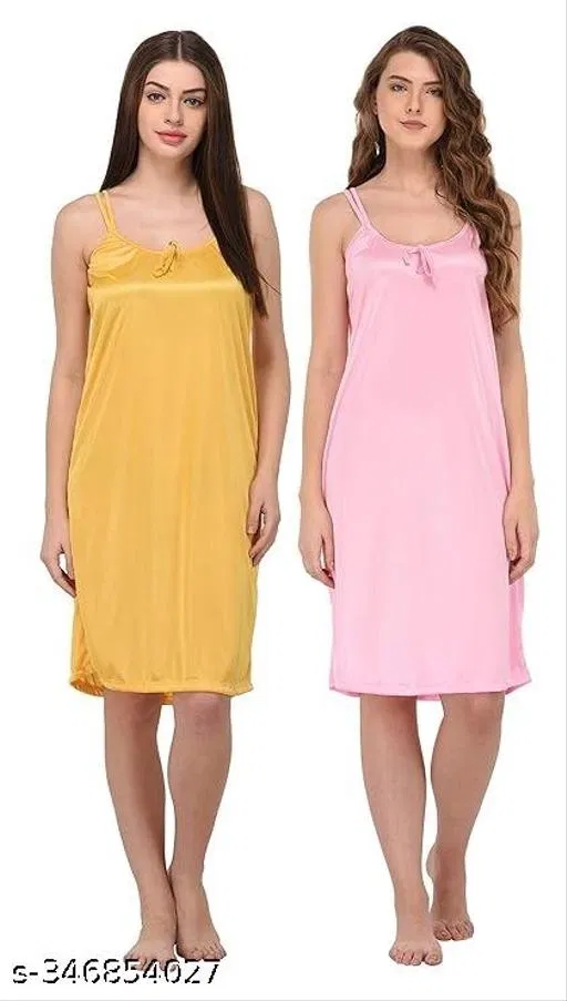 Satin Solid Nightdress for Women, Yellow & Pink, Pack of 2 (L)