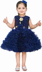 Net Solid Frock for Girls (Blue, 3 Months)
