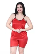 Satin Solid Nightsuit for Women (Red, M)