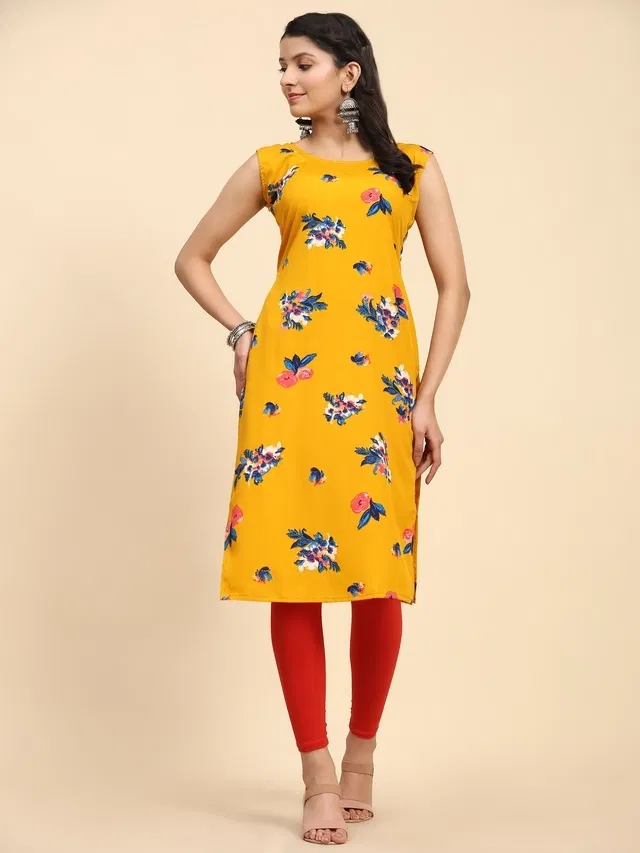 Crepe Printed Kurti for Women (Yellow, L)