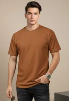 Polyester Round Neck T-shirt for Men, Brown 