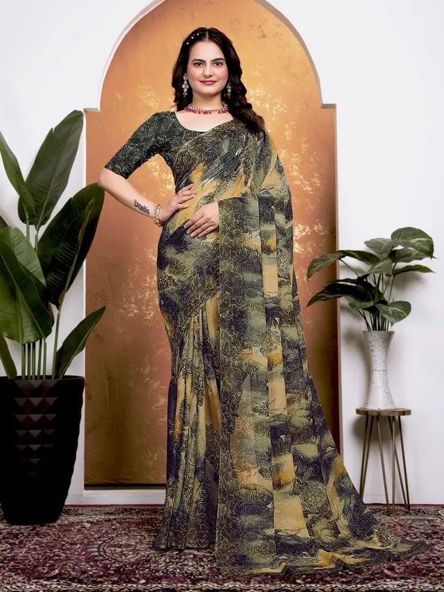 Georgette Printed Saree for Women (Dark Grey, 6.3 m)