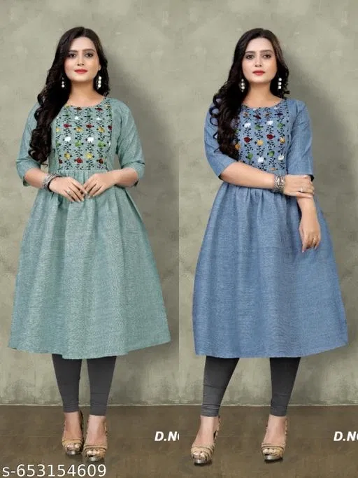 Solid Embroidered Cotton Kurti for Women, Pack of 2 (Blue, XL)