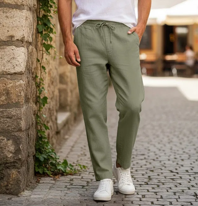Linen Trousers for Men (Olive Green, 32)