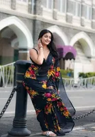 Georgette Printed Saree for Women, Black 