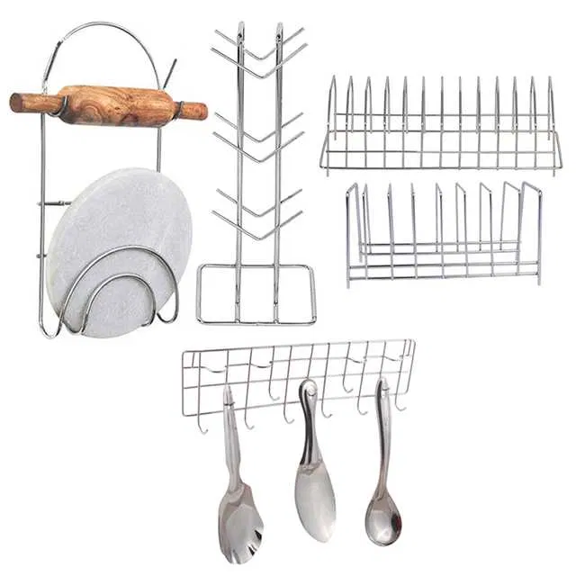 Stainless Steel Cup Stand Cup Holder & Plate Stand & Chakla Belan Stand & Hook Rail For Kitchen (Set of 5) (OC-039)