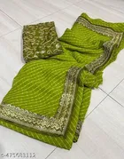 Georgette Solid Saree for Women, Olive 