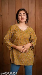 Cotton Printed Short Kurti for Women, Orange 