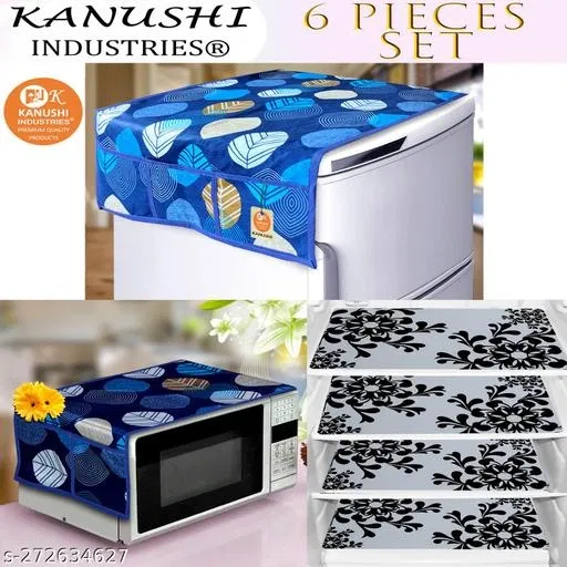 KANUSHI Industries® 1 Pc Microwave/Oven Top Cover + 1 Pc Fridge/Refrigerator Top Cover + 4 Fridge Mate (Color-Blue) (Micro+FRI-Long-LEVS-Blue+M-2-04)
