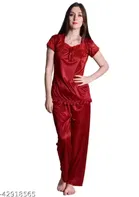 Comfortable Satin Nightsuits for Women, Red 